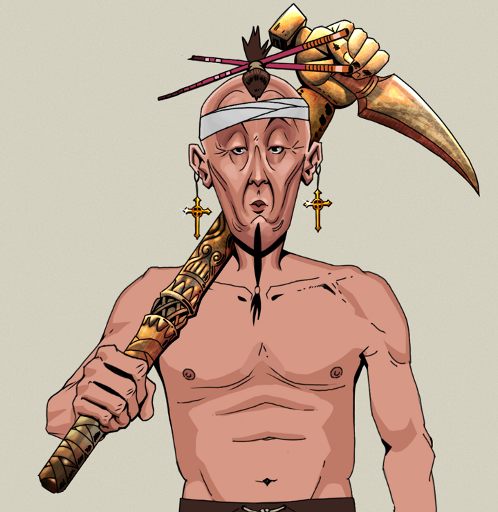 Edmundo — Degen Dojo NFT art (Golden Jesuit Crosses, Warm Grey, Degens, Shirtless Runt, Edmundo, Hair Bun With Chopsticks, Bronze Fisted Sickle, Mint)