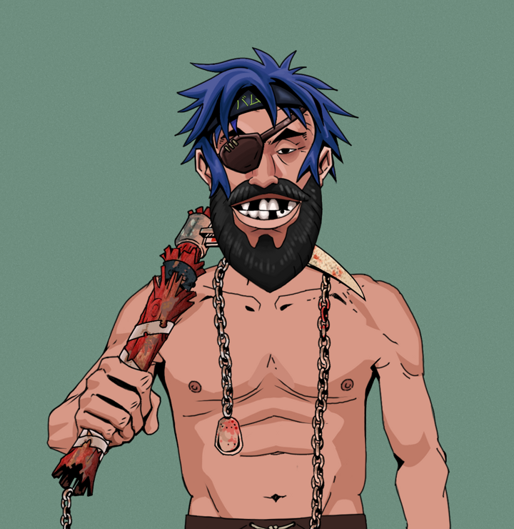 Igor The Veteran — Degen Dojo NFT art (Shirtless Runt, Olive Green, Degens, Igor The Veteran, Bum Headband Ruffian, Rusty Kusarigama, Mint)