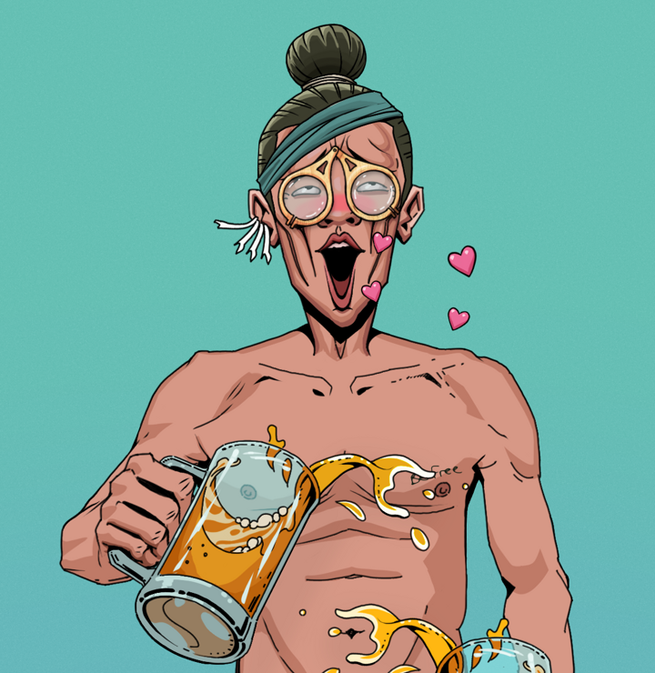 Lovey Haruto — Degen Dojo NFT art (Chicken Bones, Teal Daytime, Lovey Haruto, Nudey Freak, Pocket Glasses, Hair Bun, Degens, Beer Splash, Mint)