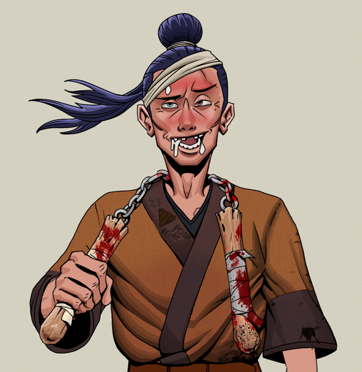 Yuuki — Degen Dojo NFT art (Shirtless Runt, Warm Grey, Degens, Poop Pride Kimono, Yuuki, Long Flowing, Bloody Nunchucks, Mint)