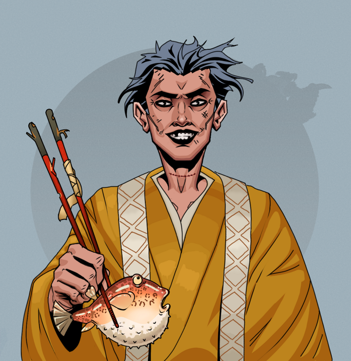 Junichiro Reborn — Degen Dojo NFT art (Shirtless Runt, Grey Mist, Degens, Ordained Dejen, Junichiro Reborn, Wavy, Frightened Fugu, Mint)