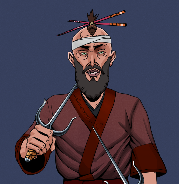 Serious Oleg — Degen Dojo NFT art (Shirtless Runt, Blue Evening, Degens, Proud Dejen Kimono, Serious Oleg, Hair Bun With Chopsticks, Dual Sai, Mint)