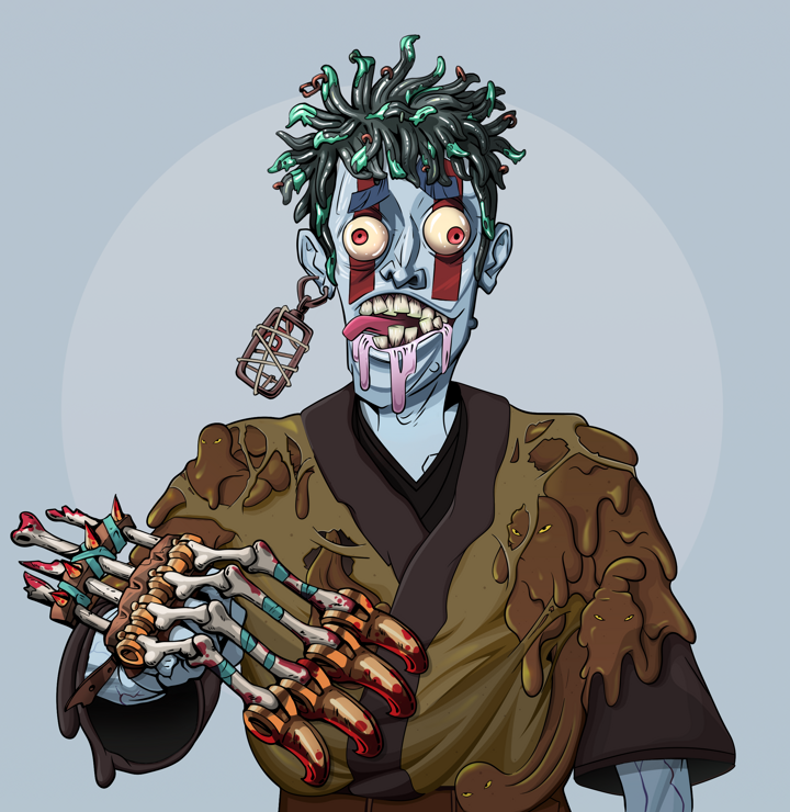 Drooling Azuma — Degen Dojo NFT art (Dojo Paper Earring, Grey Mist, Demons, Poop Pride Kimono, Drooling Azuma, Shirtless Runt, Black Bantu Knots, Tekko-Kagi Claws, Mint)