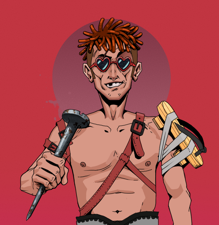One-Eyed Itsuki — Degen Dojo NFT art (Shirtless Runt, Red High Moon, Degens, Strap On Geta, One-Eyed Itsuki, Loveheart Shades, Orange Bantu Knots, Rusty Nail, Mint)
