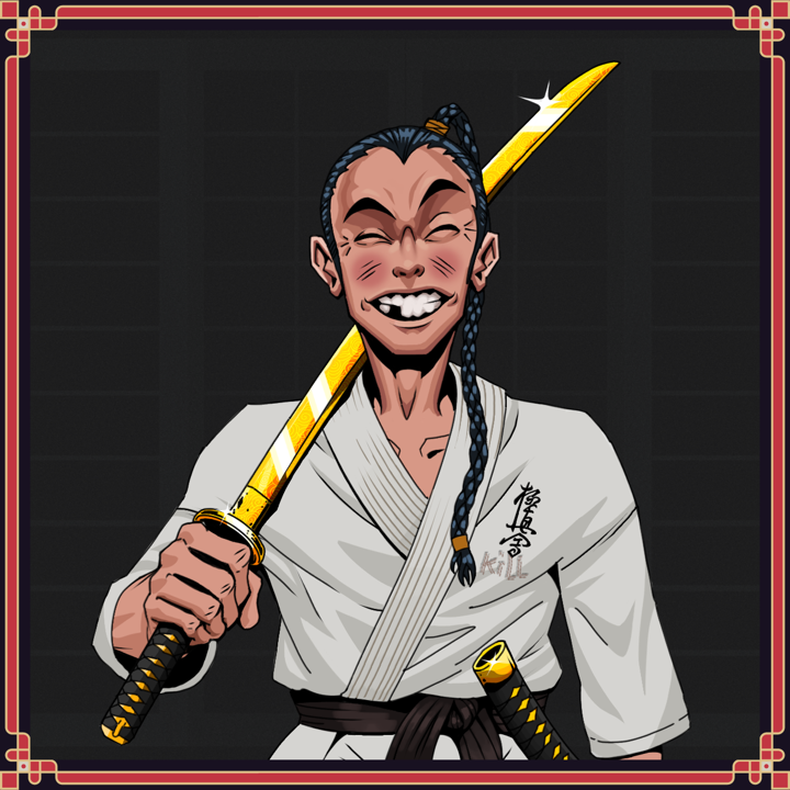 Cheery Haru — Degen Dojo NFT art (Shirtless Runt, Shoji Night, Student Gi, Cheery Haru, Degen, Braided Samurai Ponytail, Unknown Fang Punch, Golden Katana, Framed)