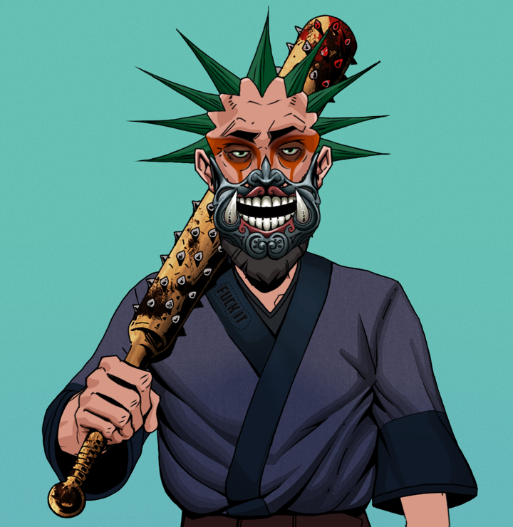Oleg Of War — Degen Dojo NFT art (Shirtless Runt, Teal Daytime, Degens, Fuck You Kimono, Oleg Of War, Hannya Half Mask, Zapachi, Yakuza Club, Mint)