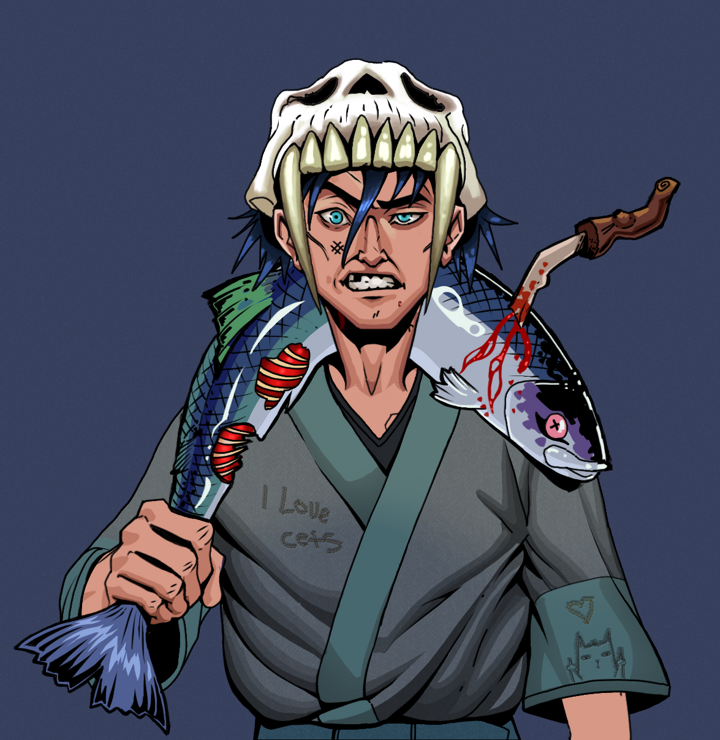 Akuma — Degen Dojo NFT art (Shirtless Runt, Blue Evening, Degens, Cet Kimono, Akuma, Sabertooth Skull, Dead Fish, Mint)