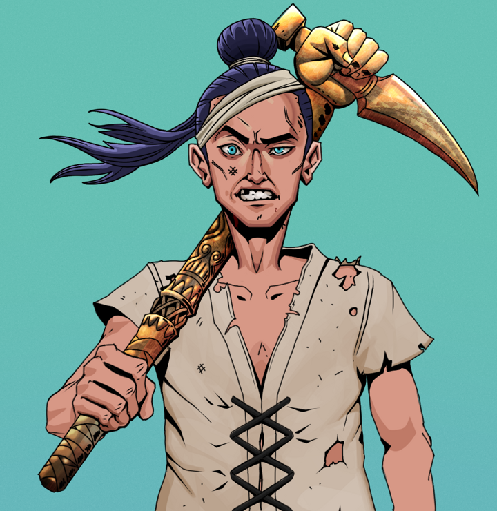 Akuma — Degen Dojo NFT art (Shirtless Runt, Teal Daytime, Degens, Rice Sack Rags, Akuma, Long Flowing, Bronze Fisted Sickle, Mint)