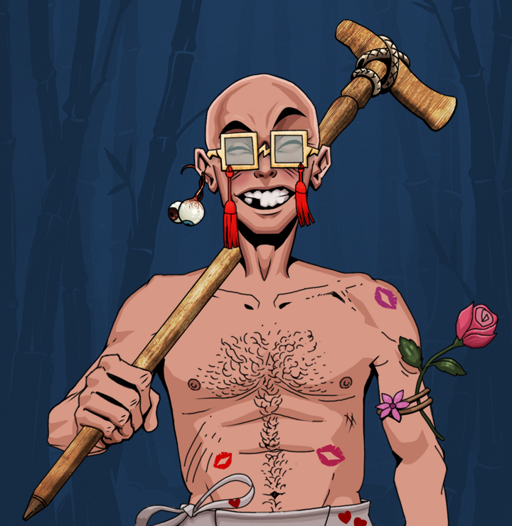 Cheery Haru — Degen Dojo NFT art (Shaman Eyes, Night Forest, Degens, Womanizer, Cheery Haru, Shoji Tassel Glasses, Bald, Wooden Walking Cane, Mint)
