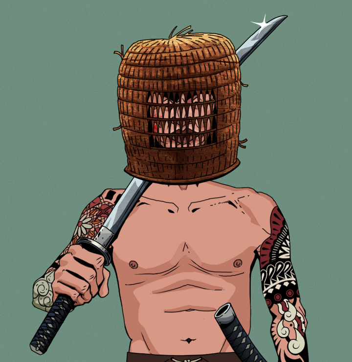Young Yuji — Degen Dojo NFT art (Shirtless Runt, Olive Green, Degens, Yakuza Tattoo Sleeves, Young Yuji, Tengai Basket, Katana, Mint)