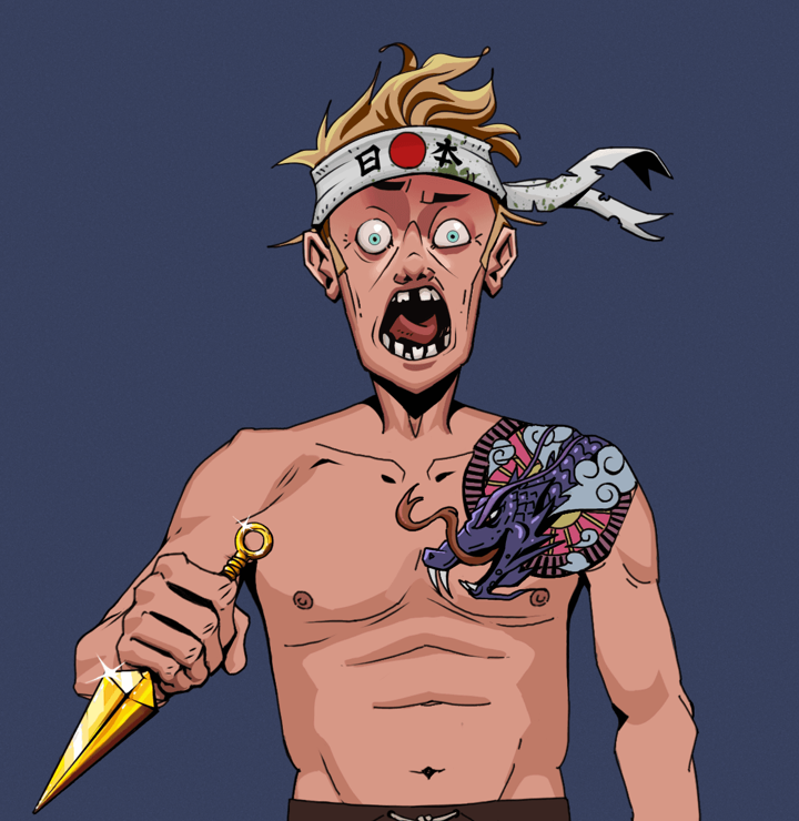 Tokuda — Degen Dojo NFT art (Shirtless Runt, Blue Evening, Degens, Dragon Head Tattoo, Tokuda, Karate Headband, Golden Kunai, Mint)