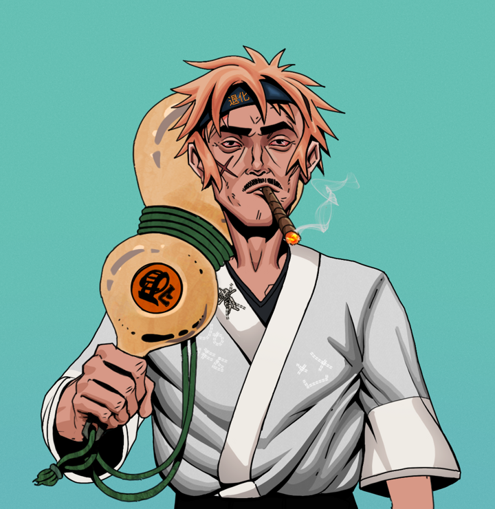 Raikou The Stoner — Degen Dojo NFT art (Shirtless Runt, Teal Daytime, Degens, No Honor Kimono, Raikou The Stoner, Tiger Headband Ruffian, Giant Sake Bottle, Mint)
