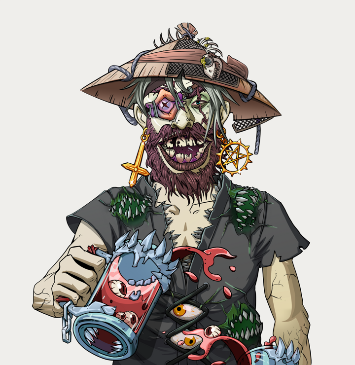 Igor The Veteran — Degen Dojo NFT art (Golden Jesuit Crosses, Warm Grey, Demons, Black Peasant Sack, Igor The Veteran, Shirtless Runt, Wide Kasa Fisherman, Beer Splash, Mint)