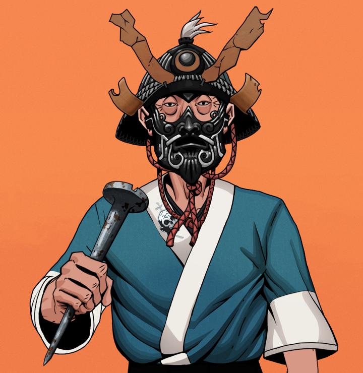 Goro — Degen Dojo NFT art (Shirtless Runt, Orange Afternoon, Degens, Skull Kimono, Goro, Black Iron Kabuto, Rusty Nail, Mint)