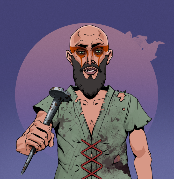 Oleg Of War — Degen Dojo NFT art (Shirtless Runt, Purple Night, Degens, Dirty Peasant Rags, Oleg Of War, Bald, Rusty Nail, Mint)