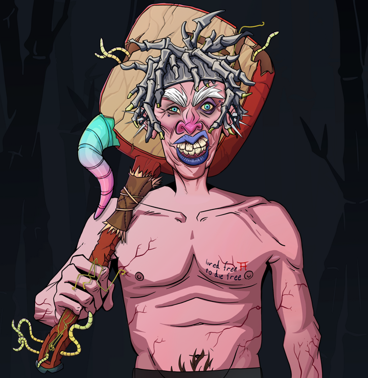 Young Yuji — Degen Dojo NFT art (Nails, Night Forest, Demons, Nudey Freak, Young Yuji, Shirtless Runt, White Ruffian, Shamisen, Mint)