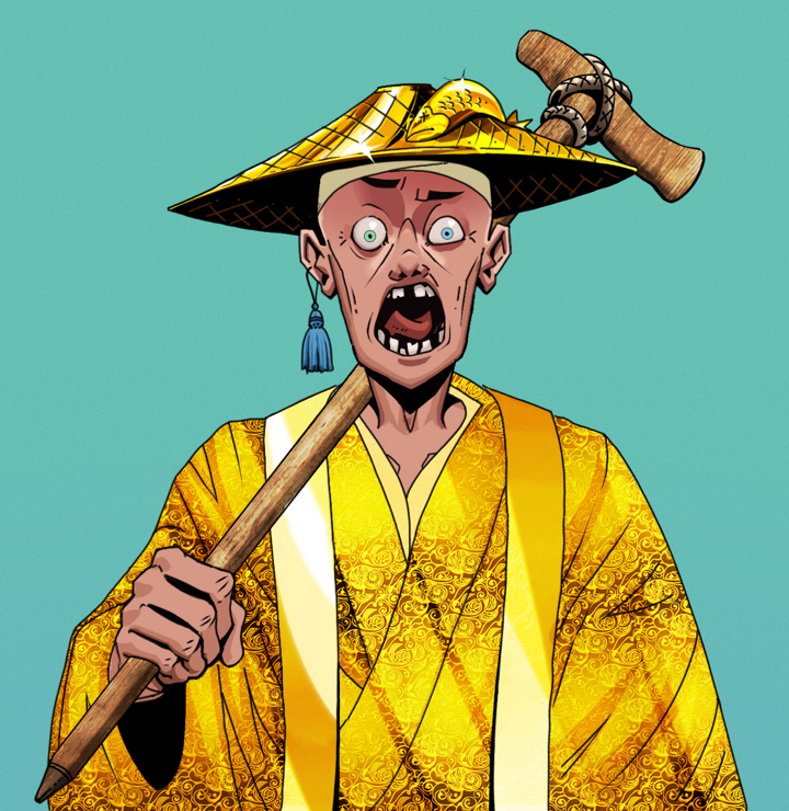 Tokuda — Degen Dojo NFT art (Tassel, Teal Daytime, Degens, Golden Monk Robes, Tokuda, Shirtless Runt, Golden Kasa Fisherman, Wooden Walking Cane, Mint)