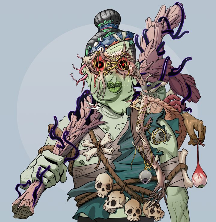 Fat Bob — Degen Dojo NFT art (Tassel, Grey Mist, Demons, Farmer, Fat Bob, Telescopic Glasses, Hair Bun, Large Branch, Mint)