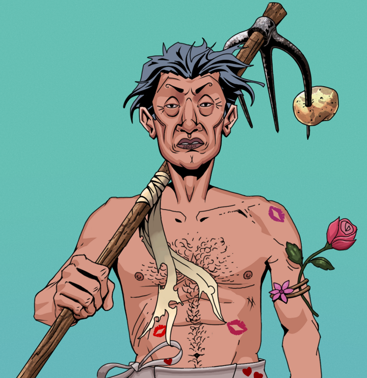 Goro — Degen Dojo NFT art (Shirtless Runt, Teal Daytime, Degens, Womanizer, Goro, Wavy, Farmers Hoe, Mint)