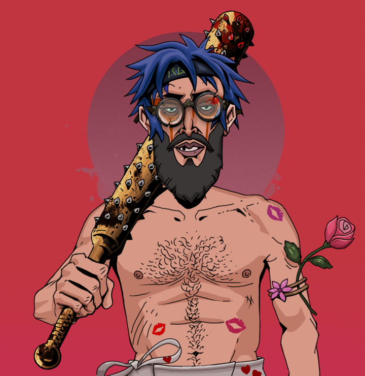 Oleg Of War — Degen Dojo NFT art (Shirtless Runt, Red High Moon, Degens, Womanizer, Oleg Of War, Bloodied Glasses, Bum Headband Ruffian, Yakuza Club, Mint)