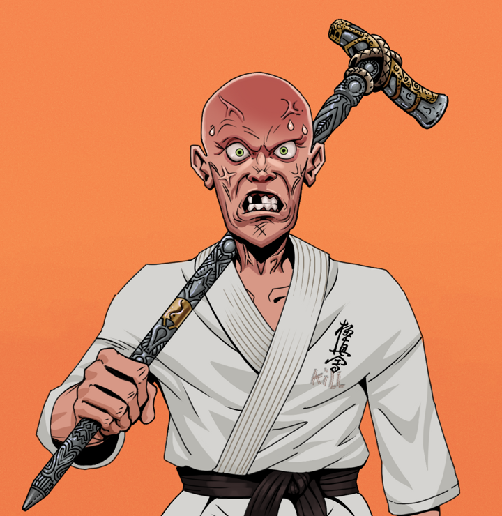 Angry Ikari — Degen Dojo NFT art (Shirtless Runt, Orange Afternoon, Degens, Student Gi, Angry Ikari, Bald, Artisan Walking Cane, Mint)