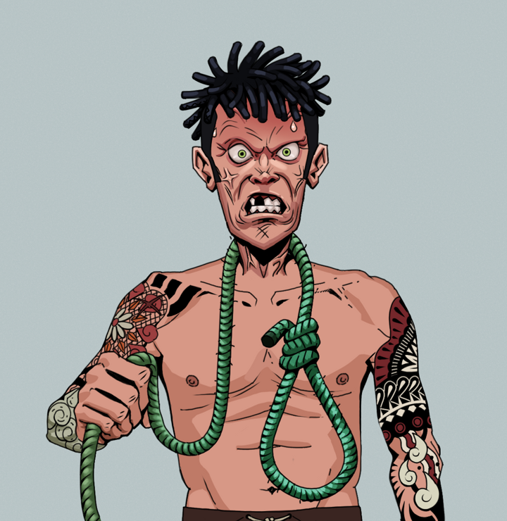 Angry Ikari — Degen Dojo NFT art (Shirtless Runt, Light Grey, Degens, Yakuza Tattoo Sleeves, Angry Ikari, Black Bantu Knots, Noose, Mint)