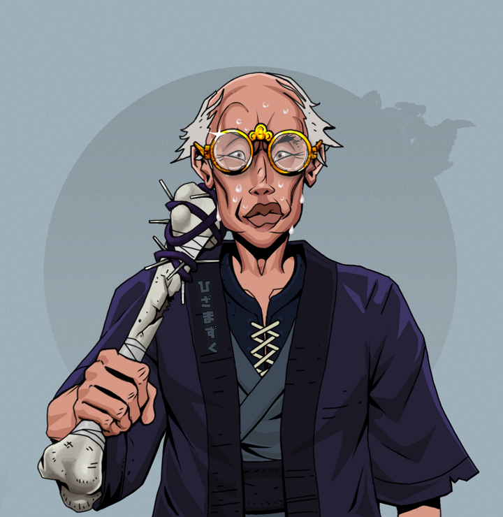 Stresshead Rin — Degen Dojo NFT art (Shirtless Runt, Grey Mist, Degens, Daimyo Warrior Kimono, Stresshead Rin, Golden Glasses, Kung Fu Master, Spiky Femur, Mint)