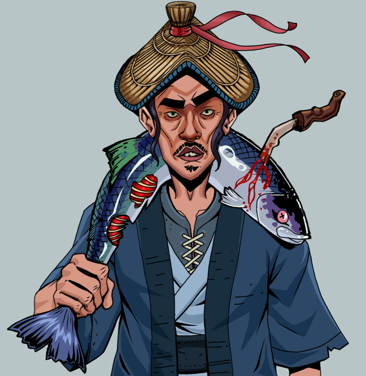 Gloomy Masumi — Degen Dojo NFT art (Shirtless Runt, Light Grey, Degens, Blue Warrior Kimono, Gloomy Masumi, High Straw Rice Hat, Dead Fish, Mint)