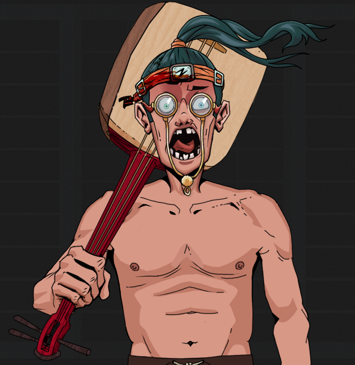 Tokuda — Degen Dojo NFT art (Shirtless Runt, Shoji Night, Degens, Tokuda, Pompous Glasses, Green Bandana, Shamisen, Mint)