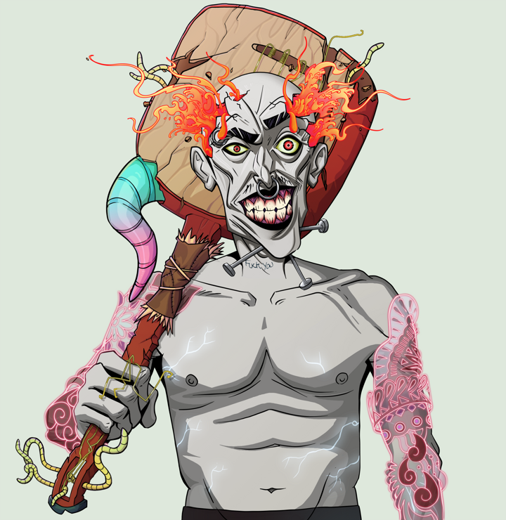 Junichiro — Degen Dojo NFT art (Shirtless Runt, Olive Green, Demons, Yakuza Tattoo Sleeves, Junichiro, Red Heihachi, Shamisen, Mint)