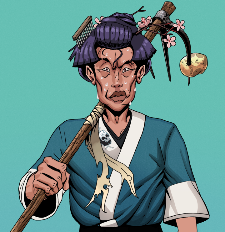 Stresshead Rin — Degen Dojo NFT art (Shirtless Runt, Teal Daytime, Degens, Skull Kimono, Stresshead Rin, Disheveled Geisha, Farmers Hoe, Mint)
