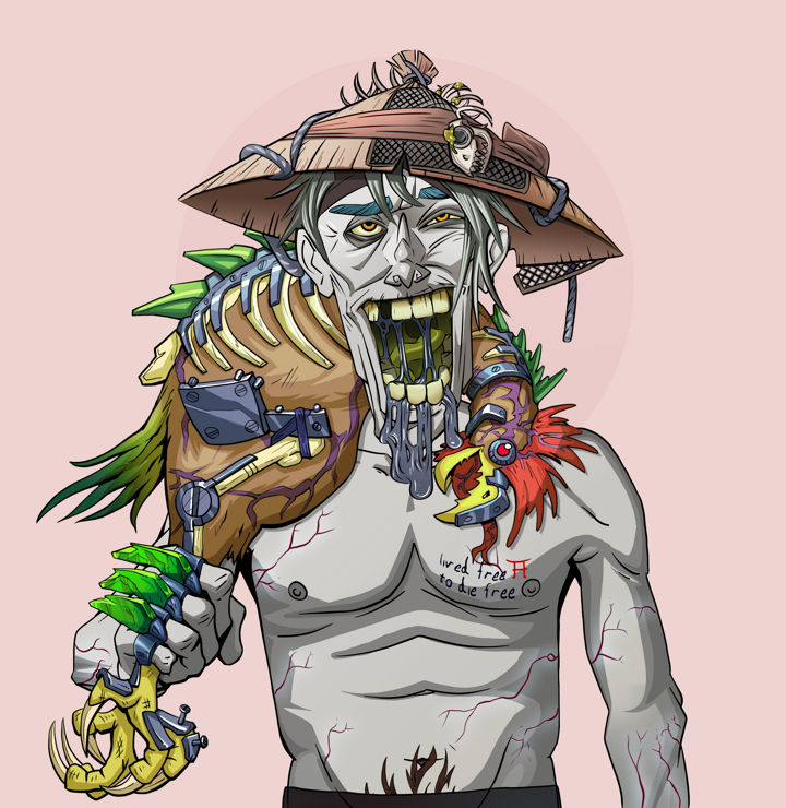 Yuuki — Degen Dojo NFT art (Shirtless Runt, Red High Moon, Demons, Nudey Freak, Yuuki, Wide Kasa Fisherman, Chicken, Mint)