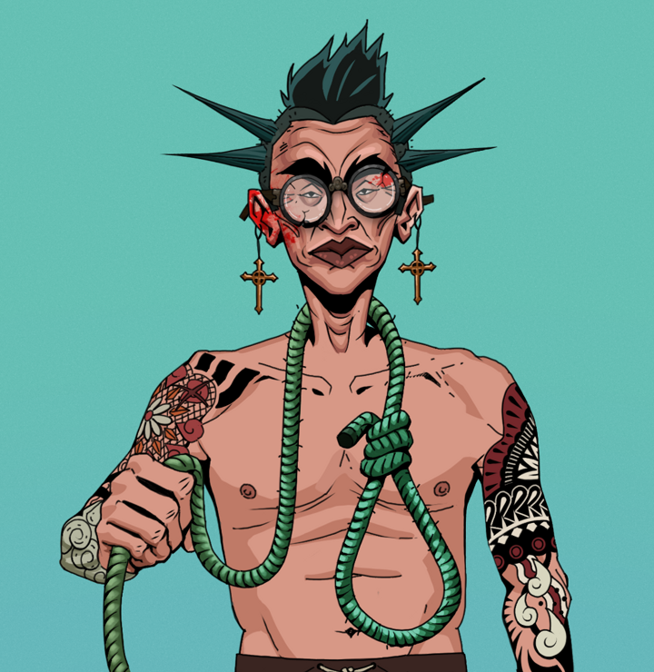 Young Yuji — Degen Dojo NFT art (Jesuit Crosses, Teal Daytime, Degens, Yakuza Tattoo Sleeves, Young Yuji, Bloodied Glasses, Yakuza Ruffian, Noose, Mint)