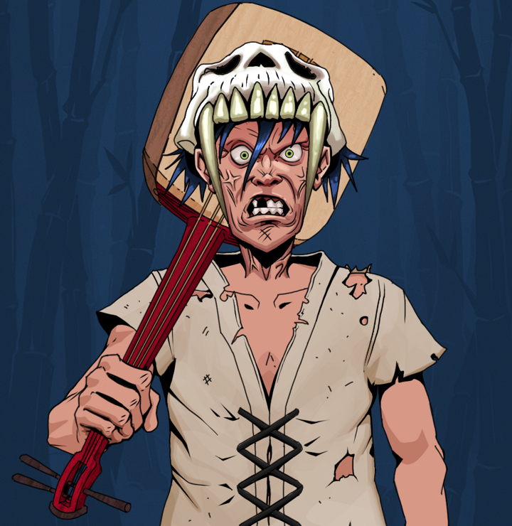 Angry Ikari — Degen Dojo NFT art (Shirtless Runt, Night Forest, Degens, Rice Sack Rags, Angry Ikari, Sabertooth Skull, Shamisen, Mint)