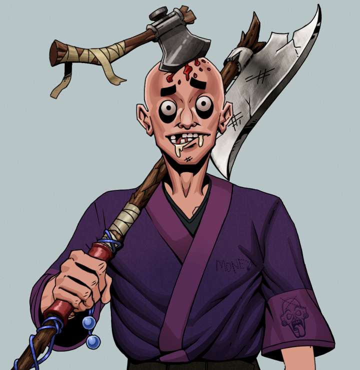 Drooling Azuma — Degen Dojo NFT art (Shirtless Runt, Light Grey, Degens, Money Kimono, Drooling Azuma, Splitting Axe Ache, Broken Nagatina, Mint)
