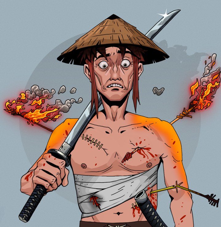 Shitless Botan — Degen Dojo NFT art (Shirtless Runt, Grey Mist, Degens, Bloody Mess, Shitless Botan, Rice Hat, Katana, Mint)