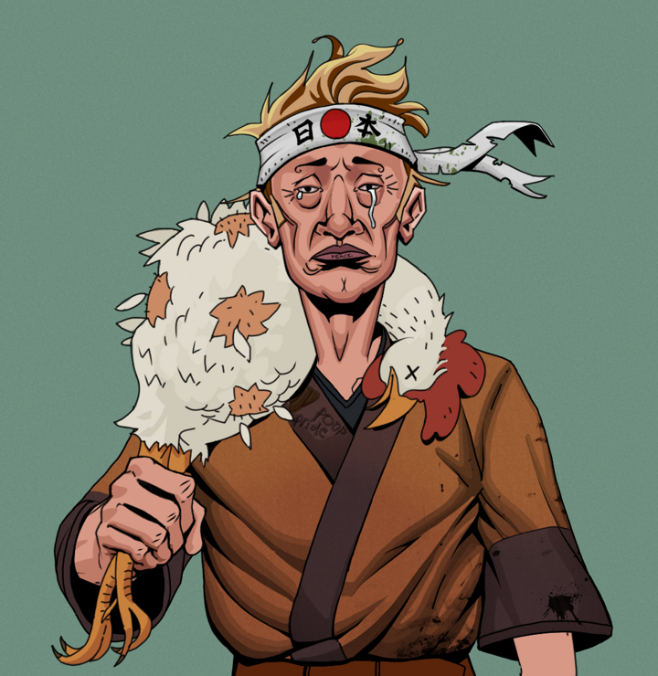 Teary Goro — Degen Dojo NFT art (Shirtless Runt, Olive Green, Degens, Poop Pride Kimono, Teary Goro, Karate Headband, Chicken, Mint)