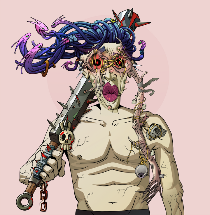 Masumi Steel — Degen Dojo NFT art (Nails, Red High Moon, Demons, Shirtless Runt, Masumi Steel, Telescopic Glasses, Flowing Dreads, Yakuza Club, Mint)