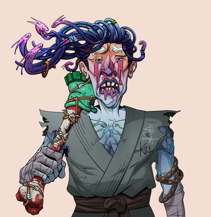 Teary Goro — Degen Dojo NFT art (Shirtless Runt, Orange Afternoon, Demons, Student Gi, Teary Goro, Flowing Dreads, Spiky Femur, Mint)