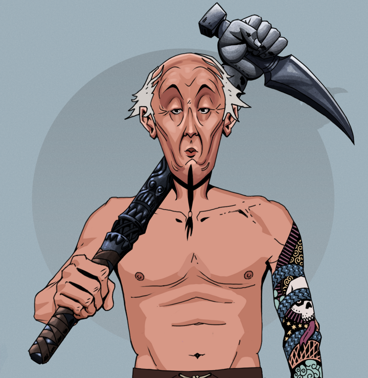 Edmundo — Degen Dojo NFT art (Shirtless Runt, Grey Mist, Degens, Skull Sleeve, Edmundo, Kung Fu Master, Stone Fist-Sickle, Mint)