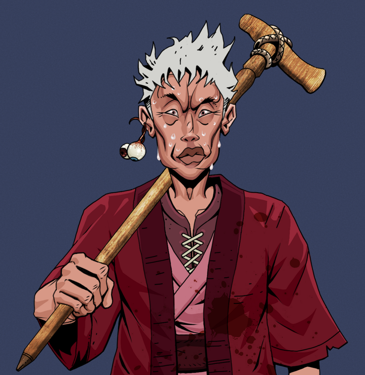 Stresshead Rin — Degen Dojo NFT art (Shaman Eyes, Blue Evening, Degens, Red Warrior Kimono, Stresshead Rin, Shirtless Runt, Short Spiky Grey, Wooden Walking Cane, Mint)