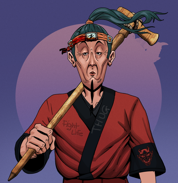Edmundo — Degen Dojo NFT art (Shirtless Runt, Purple Night, Degens, Red Oni Kimono, Edmundo, Green Bandana, Wooden Walking Cane, Mint)