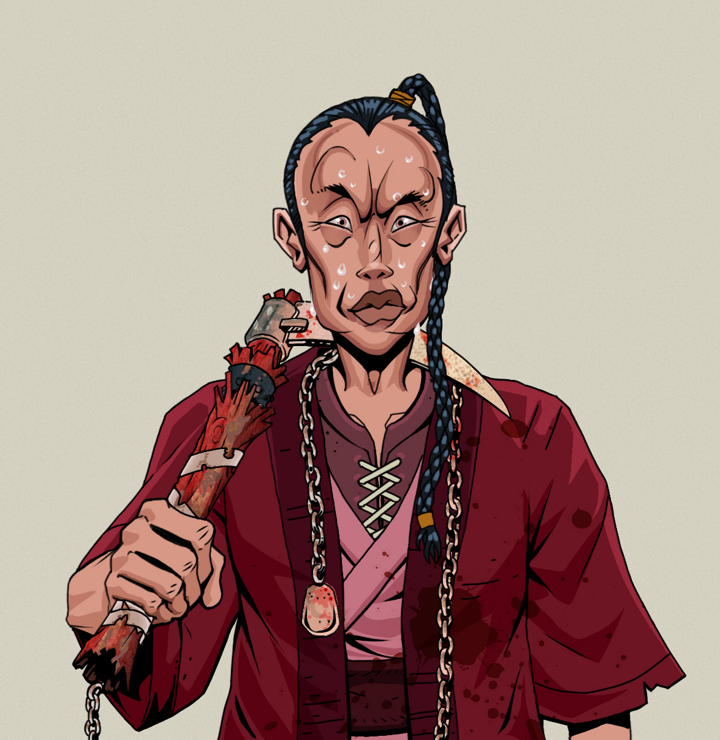 Stresshead Rin — Degen Dojo NFT art (Shirtless Runt, Warm Grey, Degens, Red Warrior Kimono, Stresshead Rin, Braided Samurai Ponytail, Rusty Kusarigama, Mint)