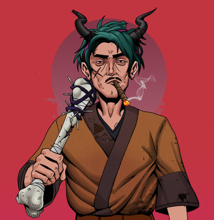 Raikou The Stoner — Degen Dojo NFT art (Shirtless Runt, Red High Moon, Degens, Poop Pride Kimono, Raikou The Stoner, Black Oni Horns, Spiky Femur, Mint)