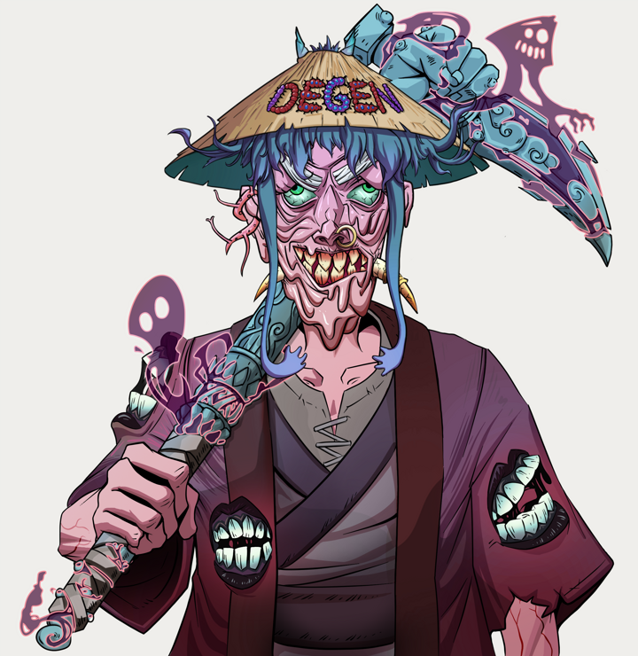Assassin Fuzen — Degen Dojo NFT art (Tassel, Warm Grey, Demons, Red Warrior Kimono, Assassin Fuzen, Shirtless Runt, Degen Graffiti Rice Hat, Stone Fist-Sickle, Mint)