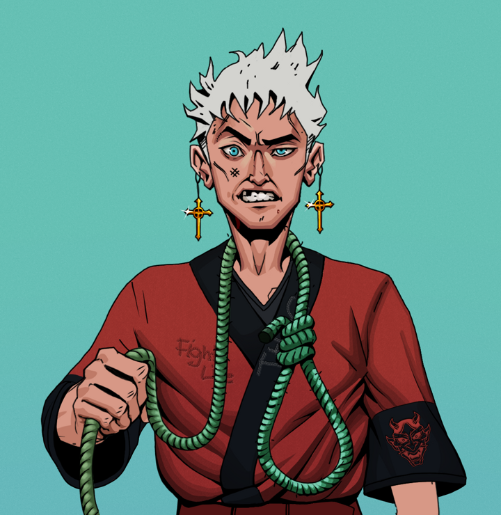 Akuma — Degen Dojo NFT art (Golden Jesuit Crosses, Teal Daytime, Degens, Red Oni Kimono, Akuma, Shirtless Runt, Short Spiky Grey, Noose, Mint)