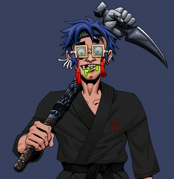 Toxic Azuma — Degen Dojo NFT art (Chicken Bones, Blue Evening, Degens, Master Black Gi, Toxic Azuma, Shoji Tassel Glasses, Bum Headband Ruffian, Stone Fist-Sickle, Mint)