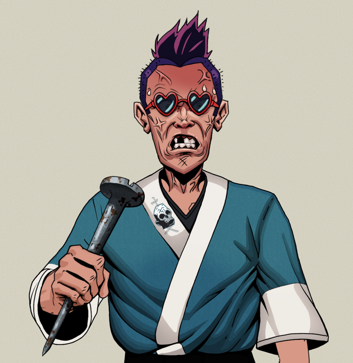 Angry Ikari — Degen Dojo NFT art (Shirtless Runt, Warm Grey, Degens, Skull Kimono, Angry Ikari, Loveheart Shades, Yakuza Hooligan, Rusty Nail, Mint)