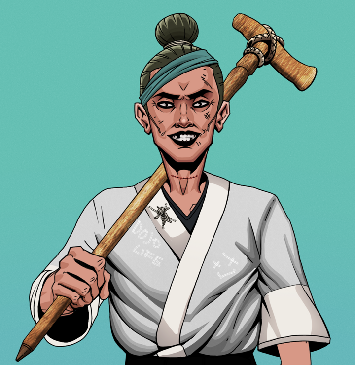 Junichiro Reborn — Degen Dojo NFT art (Shirtless Runt, Teal Daytime, Degens, No Honor Kimono, Junichiro Reborn, Hair Bun, Wooden Walking Cane, Mint)