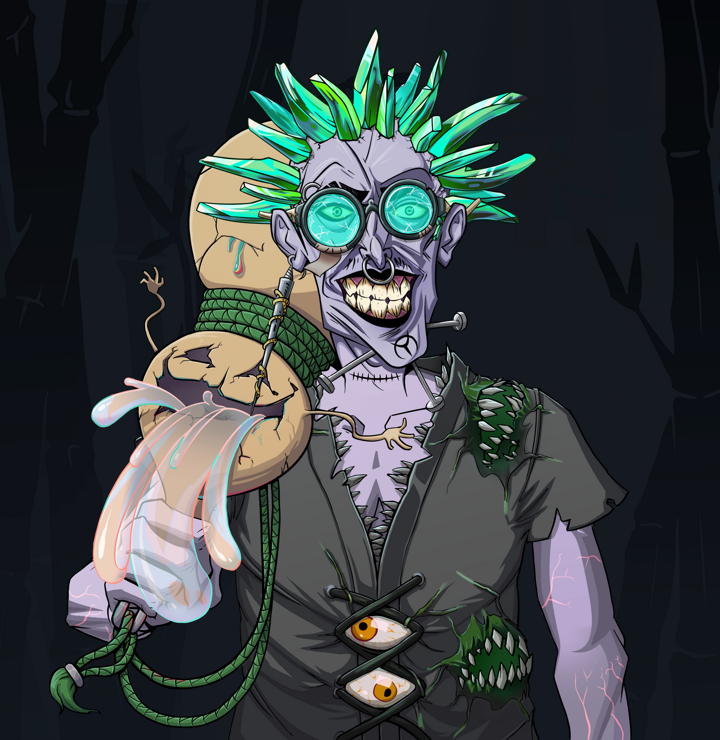 Junichiro Reborn — Degen Dojo NFT art (Shark Tooth, Night Forest, Demons, Black Peasant Sack, Junichiro Reborn, Bloodied Glasses, Zapachi, Giant Sake Bottle, Mint)